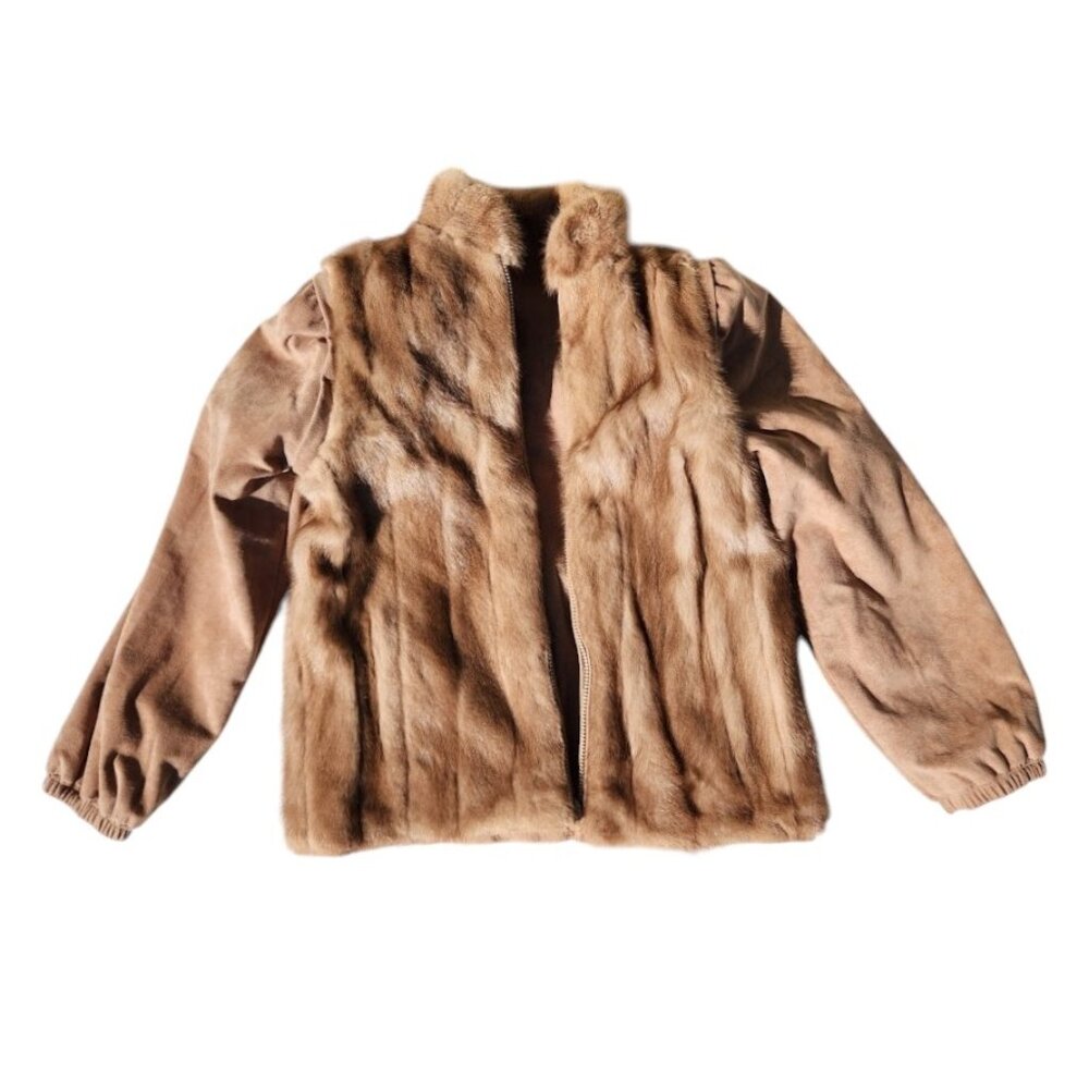 VINTAGE Fur Coat JACKET Suede REVERSIBLE Size Medium Brown Zipper Zippered Women
